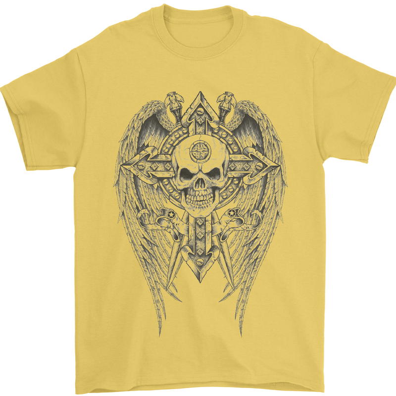 Skull Wings Viking Gothic  Wings Gym Biker Mens T-Shirt Cotton Gildan Yellow