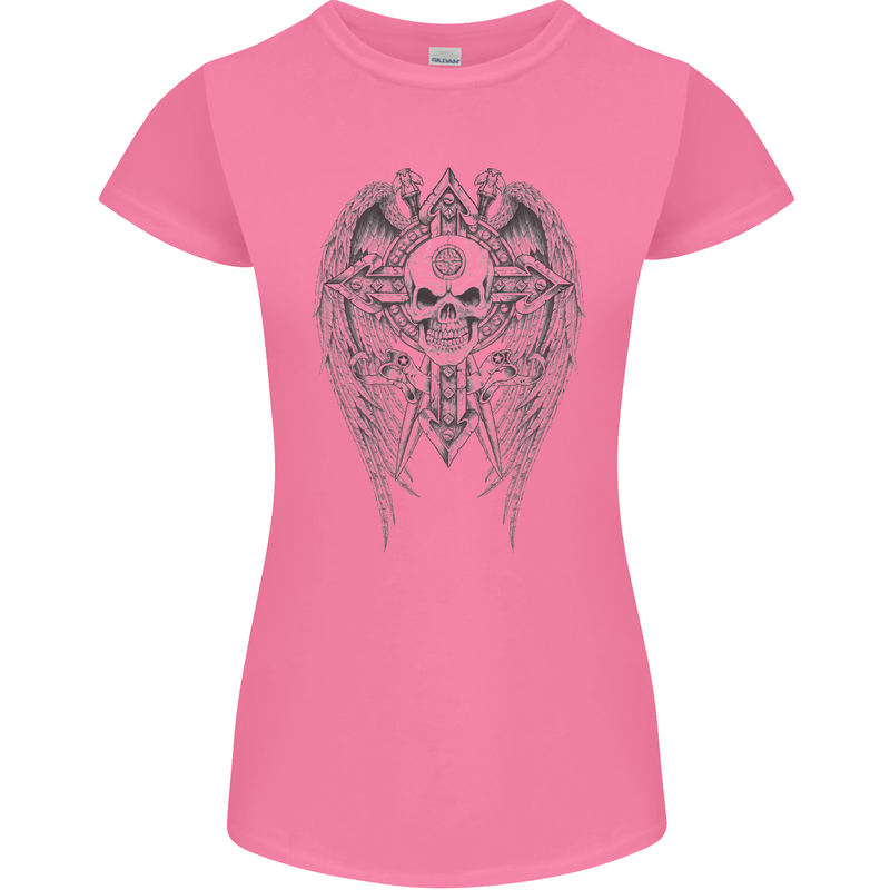 Skull Wings Viking Gothic  Wings Gym Biker Womens Petite Cut T-Shirt Azalea