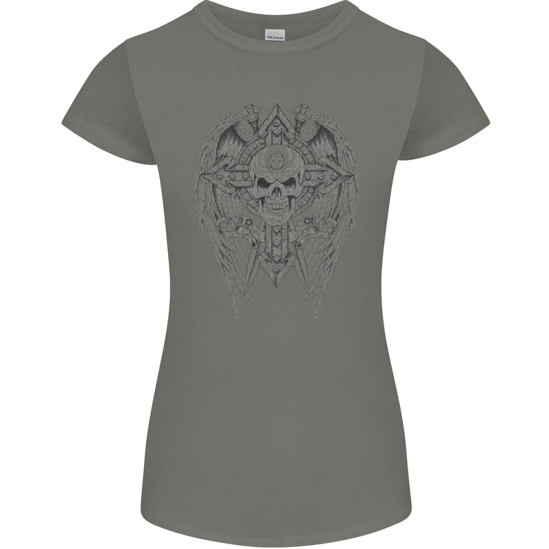 Skull Wings Viking Gothic  Wings Gym Biker Womens Petite Cut T-Shirt Charcoal