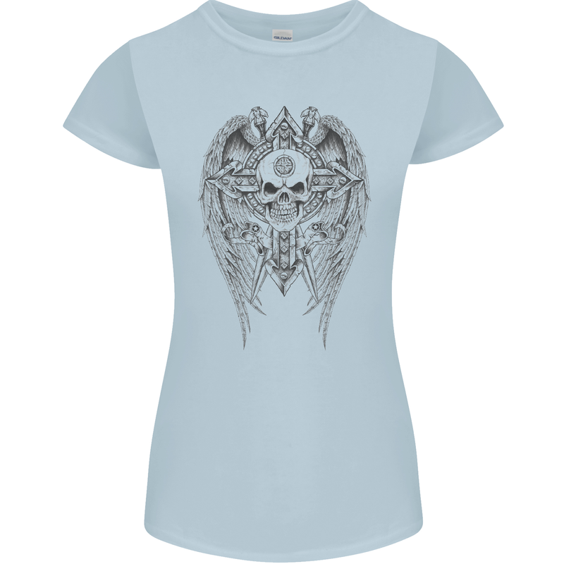 Skull Wings Viking Gothic  Wings Gym Biker Womens Petite Cut T-Shirt Light Blue