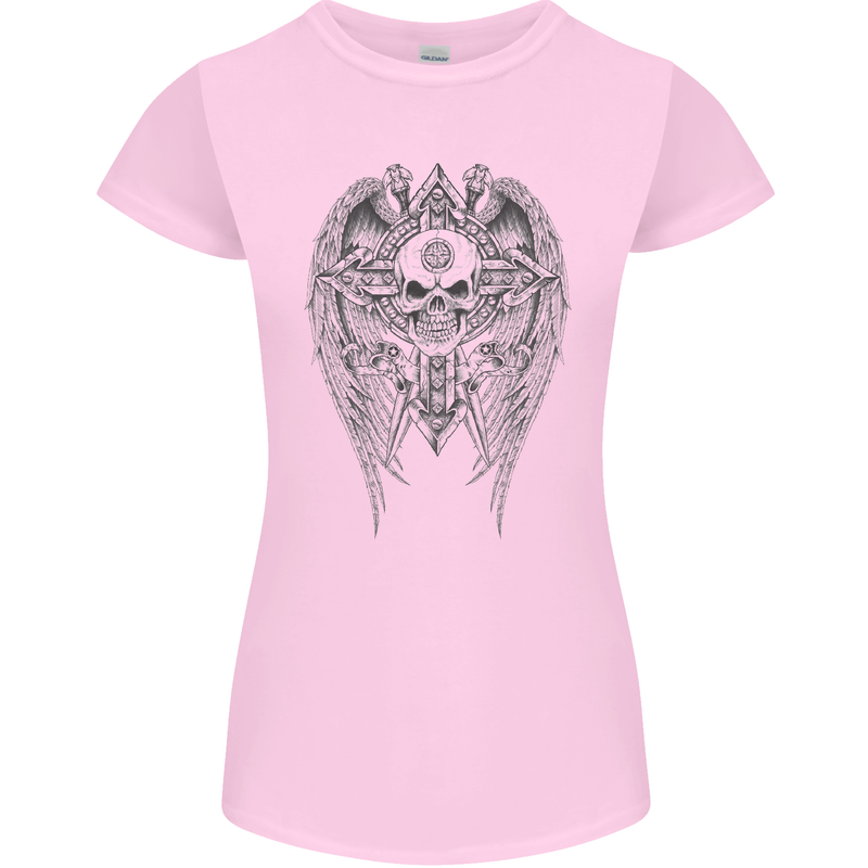 Skull Wings Viking Gothic  Wings Gym Biker Womens Petite Cut T-Shirt Light Pink
