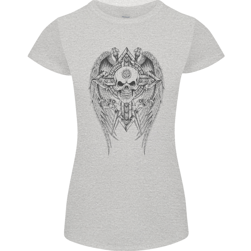 Skull Wings Viking Gothic  Wings Gym Biker Womens Petite Cut T-Shirt Sports Grey