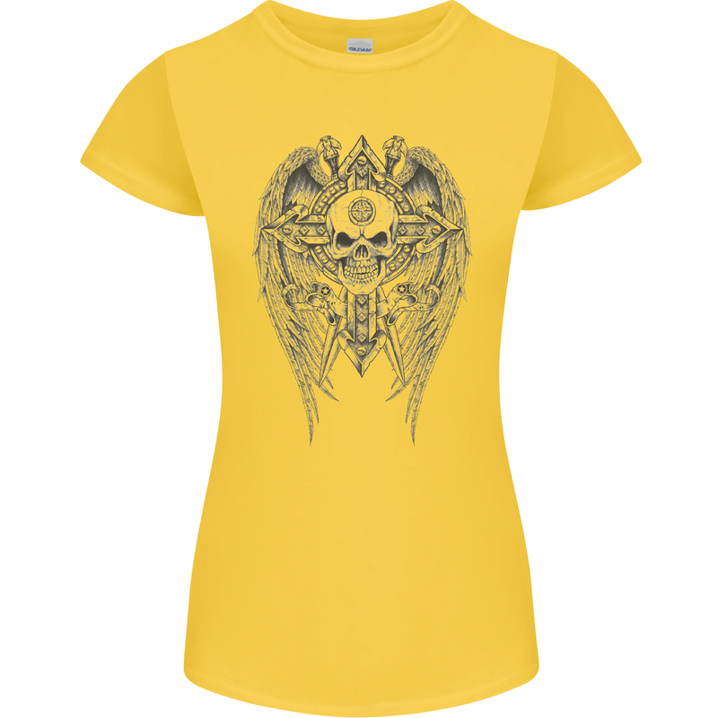 Skull Wings Viking Gothic  Wings Gym Biker Womens Petite Cut T-Shirt Yellow
