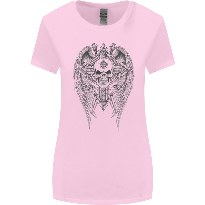 Skull Wings Viking Gothic  Wings Gym Biker Womens Wider Cut T-Shirt Light Pink