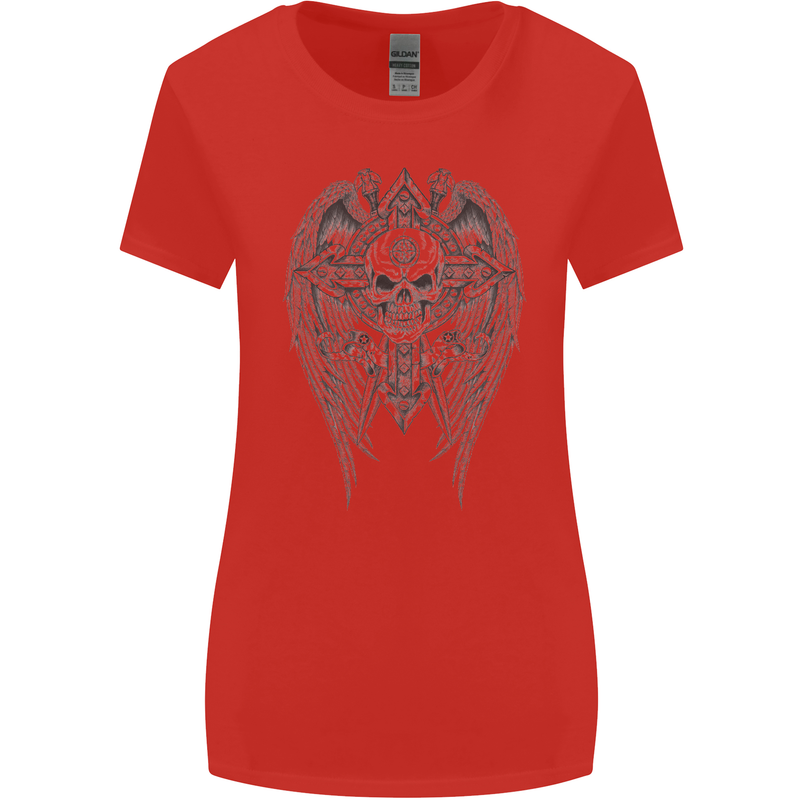 Skull Wings Viking Gothic  Wings Gym Biker Womens Wider Cut T-Shirt Red
