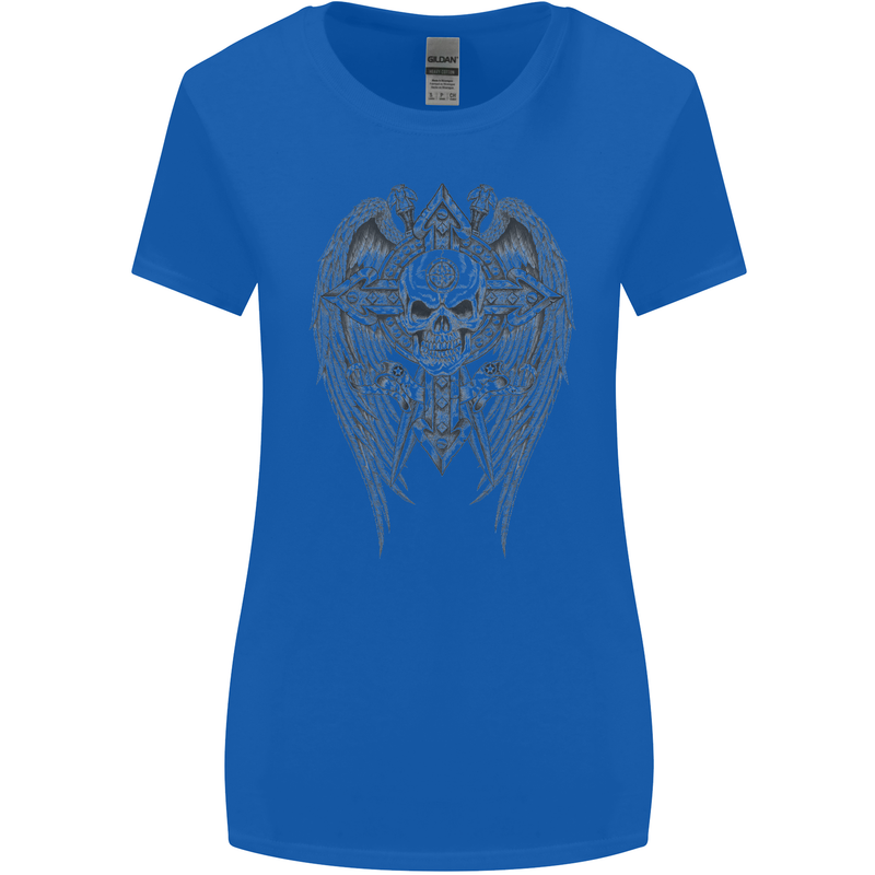 Skull Wings Viking Gothic  Wings Gym Biker Womens Wider Cut T-Shirt Royal Blue