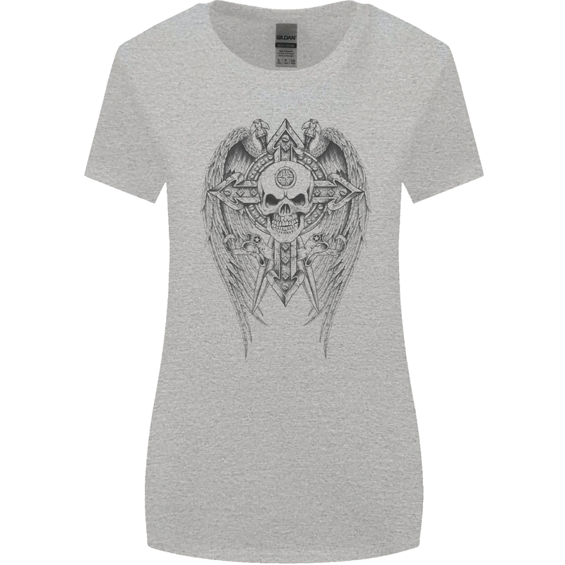 Skull Wings Viking Gothic  Wings Gym Biker Womens Wider Cut T-Shirt Sports Grey
