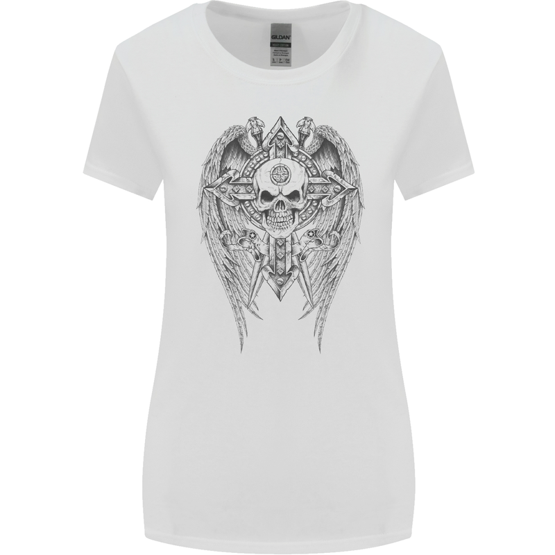 Skull Wings Viking Gothic  Wings Gym Biker Womens Wider Cut T-Shirt White