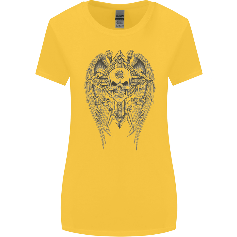 Skull Wings Viking Gothic  Wings Gym Biker Womens Wider Cut T-Shirt Yellow