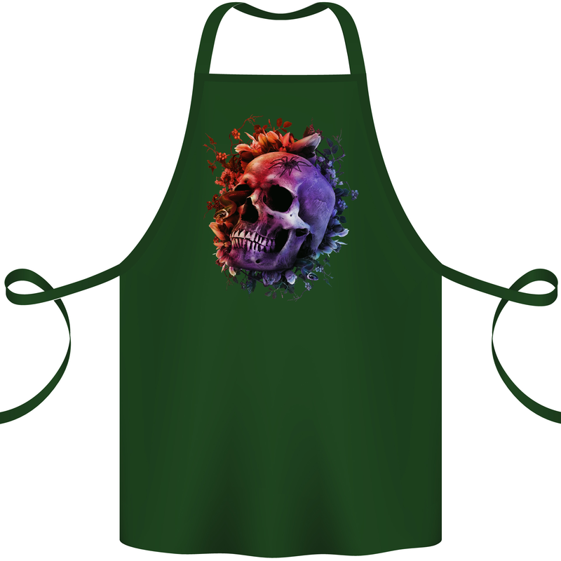 Skull With Spider Flowers and Spider Cotton Apron 100% Organic Forest Green