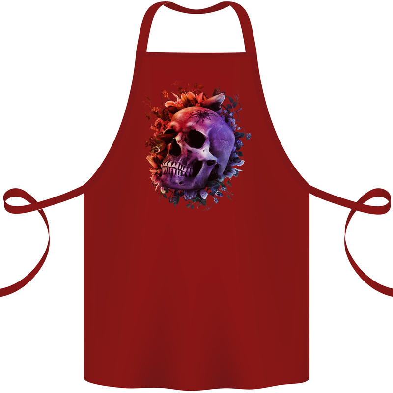 Skull With Spider Flowers and Spider Cotton Apron 100% Organic Maroon