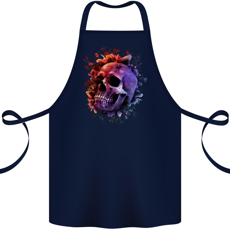 Skull With Spider Flowers and Spider Cotton Apron 100% Organic Navy Blue