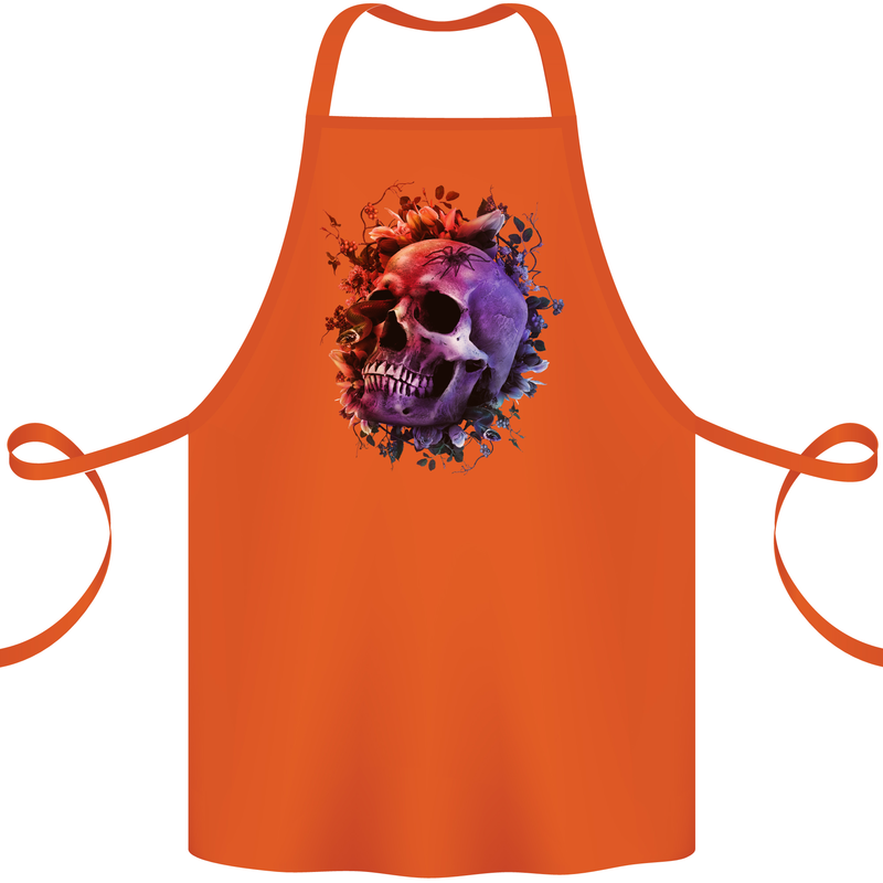 Skull With Spider Flowers and Spider Cotton Apron 100% Organic Orange