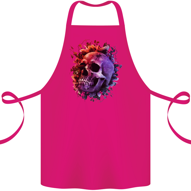 Skull With Spider Flowers and Spider Cotton Apron 100% Organic Pink