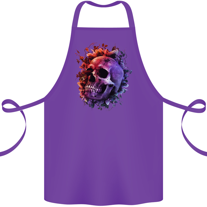 Skull With Spider Flowers and Spider Cotton Apron 100% Organic Purple