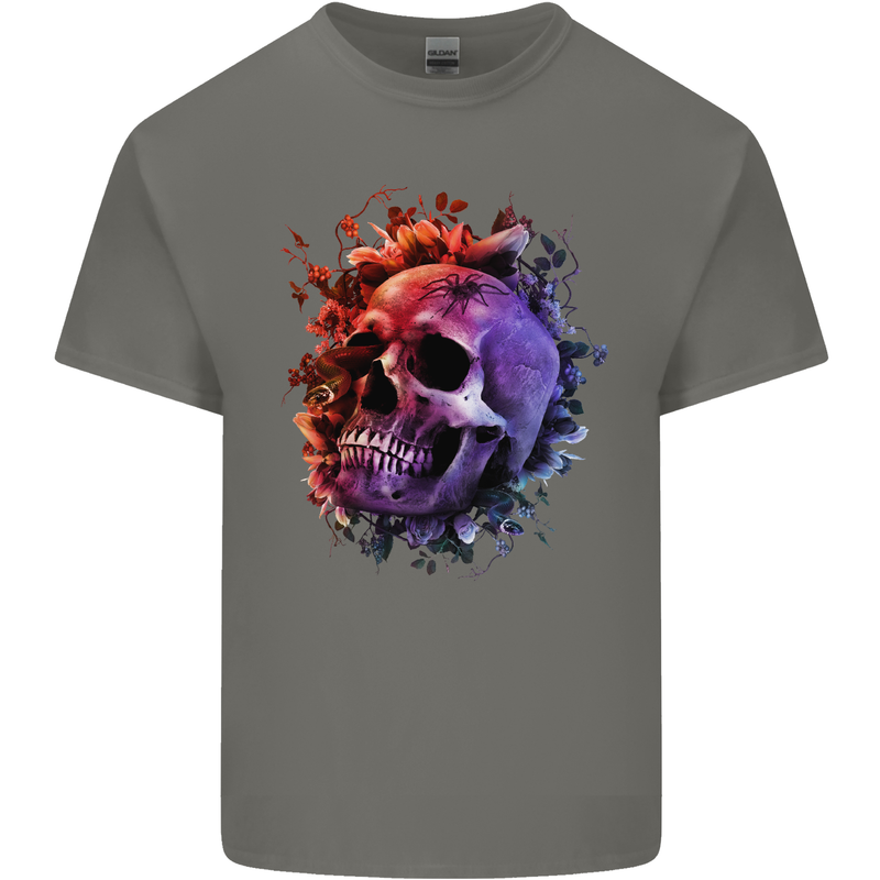 Skull With Spider Flowers and Spider Kids T-Shirt Childrens Charcoal