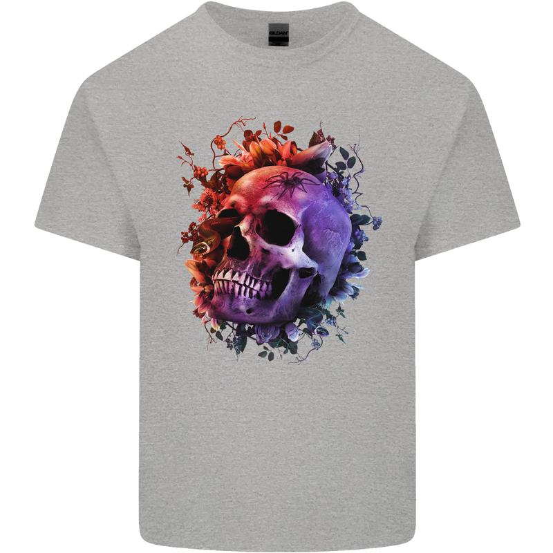 Skull With Spider Flowers and Spider Kids T-Shirt Childrens Sports Grey