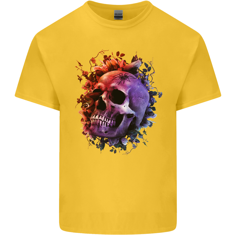 Skull With Spider Flowers and Spider Kids T-Shirt Childrens Yellow