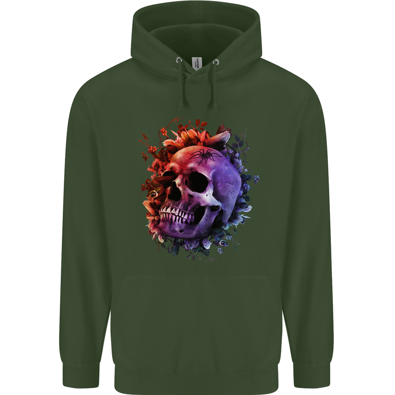 Skull With Spider Flowers and Spider Mens 80% Cotton Hoodie Forest Green
