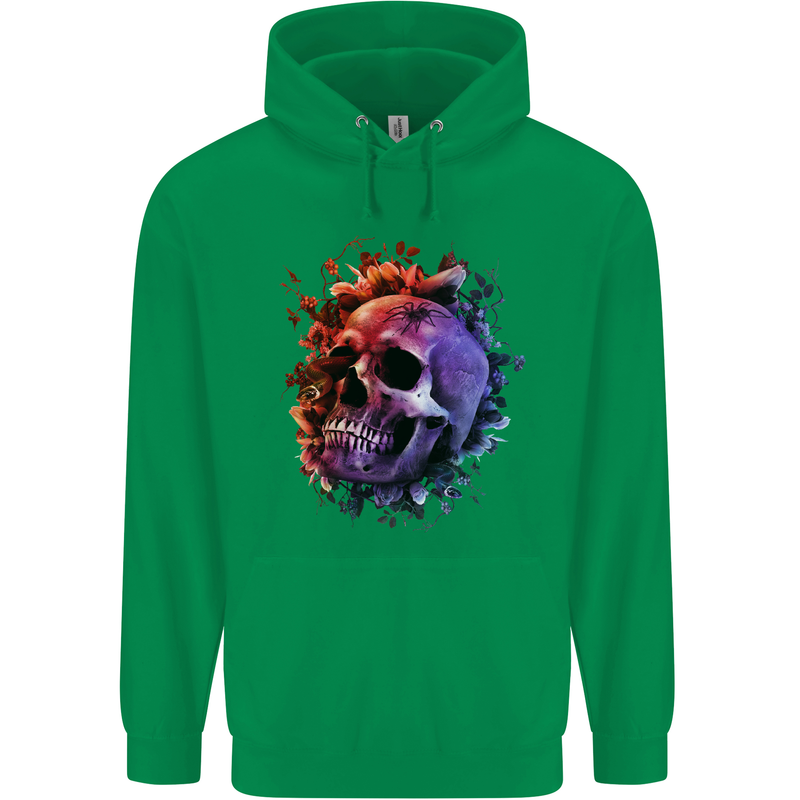 Skull With Spider Flowers and Spider Mens 80% Cotton Hoodie Irish Green