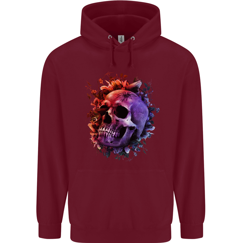 Skull With Spider Flowers and Spider Mens 80% Cotton Hoodie Maroon