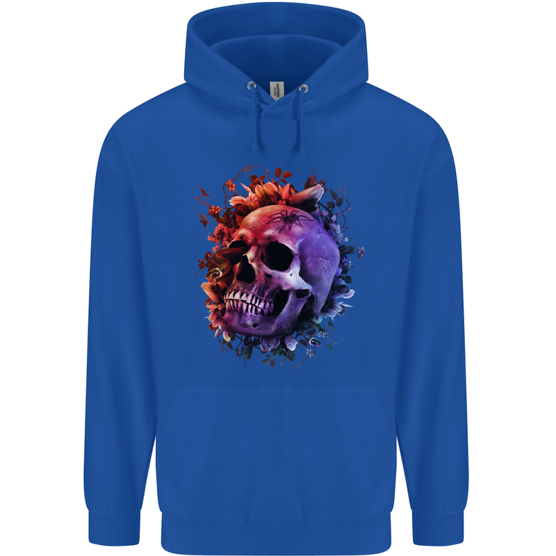 Skull With Spider Flowers and Spider Mens 80% Cotton Hoodie Royal Blue