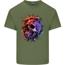 Skull With Spider Flowers and Spider Mens Cotton T-Shirt Tee Top Military Green
