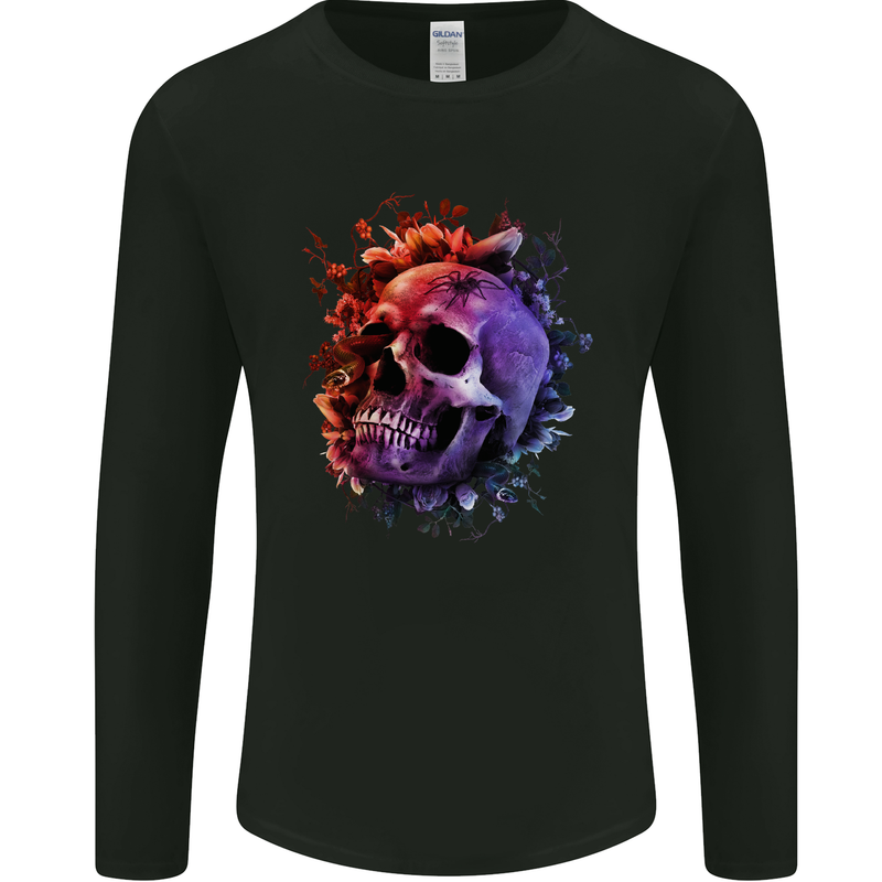 Skull With Spider Flowers and Spider Mens Long Sleeve T-Shirt Black