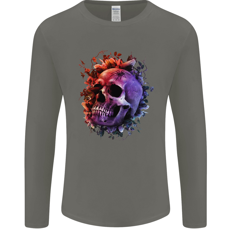 Skull With Spider Flowers and Spider Mens Long Sleeve T-Shirt Charcoal