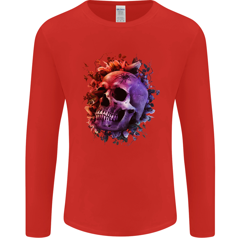 Skull With Spider Flowers and Spider Mens Long Sleeve T-Shirt Red