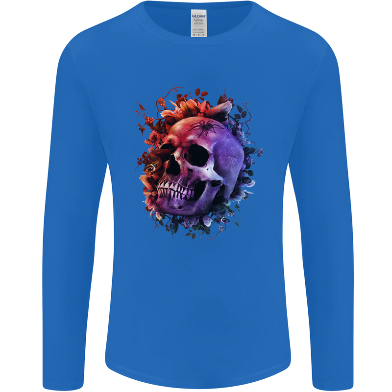 Skull With Spider Flowers and Spider Mens Long Sleeve T-Shirt Royal Blue