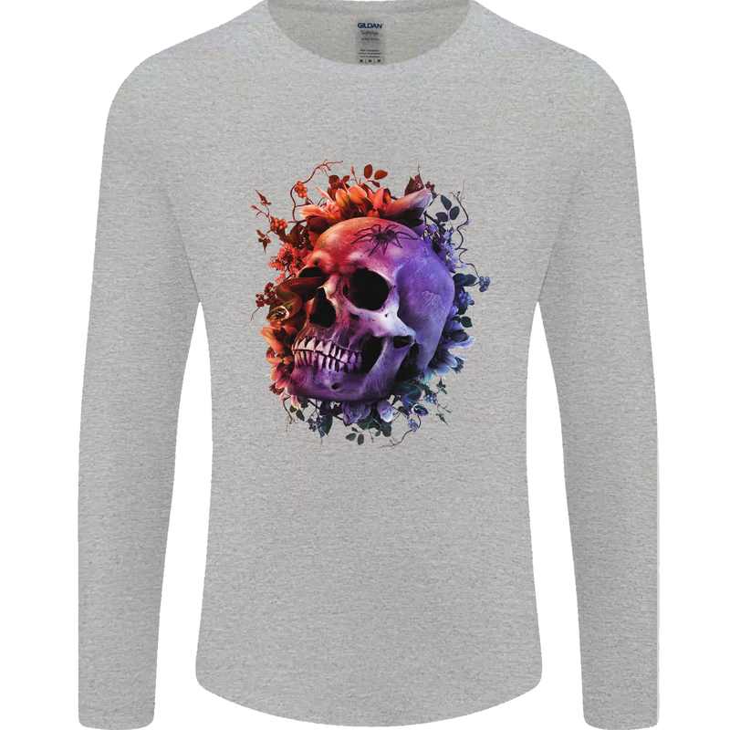 Skull With Spider Flowers and Spider Mens Long Sleeve T-Shirt Sports Grey
