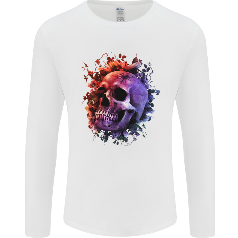 Skull With Spider Flowers and Spider Mens Long Sleeve T-Shirt White