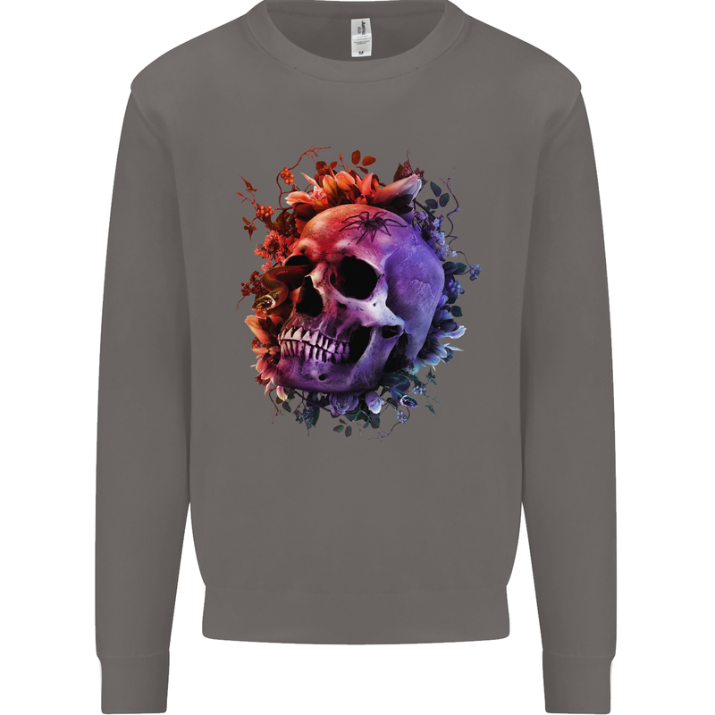 Skull With Spider Flowers and Spider Mens Sweatshirt Jumper Charcoal