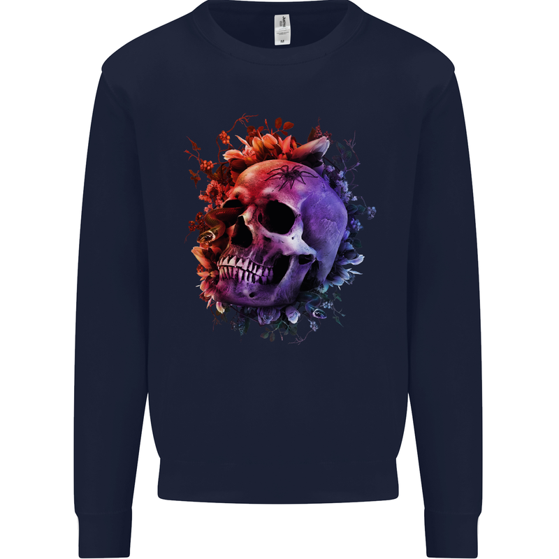 Skull With Spider Flowers and Spider Mens Sweatshirt Jumper Navy Blue