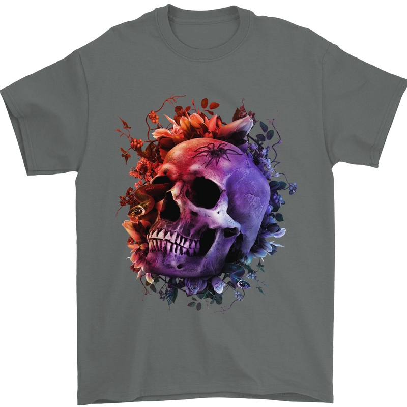 Skull With Spider Flowers and Spider Mens T-Shirt Cotton Gildan Charcoal