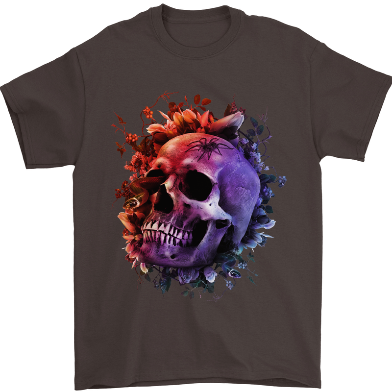 Skull With Spider Flowers and Spider Mens T-Shirt Cotton Gildan Dark Chocolate