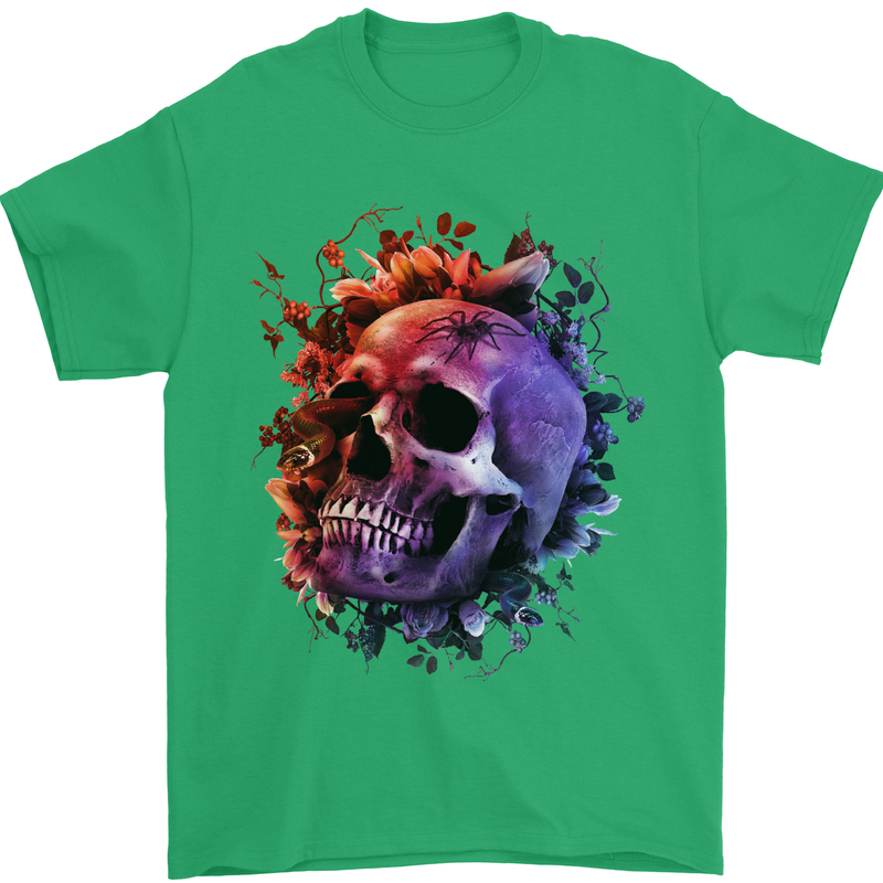 Skull With Spider Flowers and Spider Mens T-Shirt Cotton Gildan Irish Green