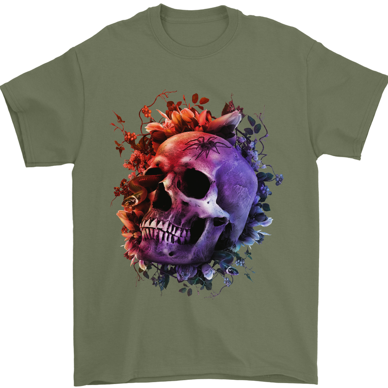Skull With Spider Flowers and Spider Mens T-Shirt Cotton Gildan Military Green