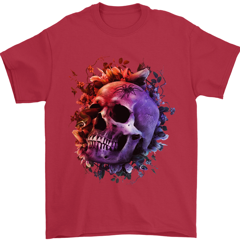 Skull With Spider Flowers and Spider Mens T-Shirt Cotton Gildan Red