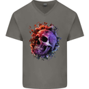 Skull With Spider Flowers and Spider Mens V-Neck Cotton T-Shirt Charcoal