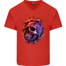 Skull With Spider Flowers and Spider Mens V-Neck Cotton T-Shirt Red
