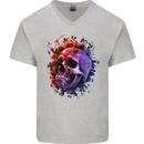 Skull With Spider Flowers and Spider Mens V-Neck Cotton T-Shirt Sports Grey