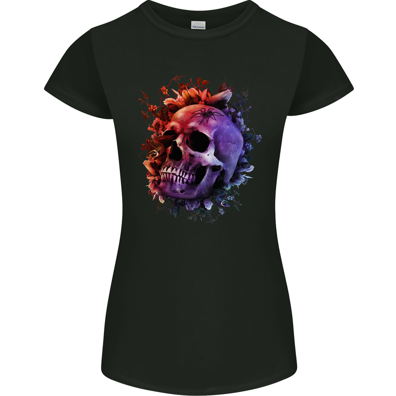 Skull With Spider Flowers and Spider Womens Petite Cut T-Shirt Black