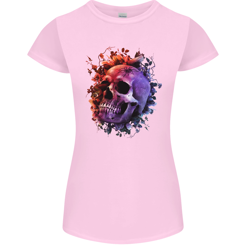 Skull With Spider Flowers and Spider Womens Petite Cut T-Shirt Light Pink