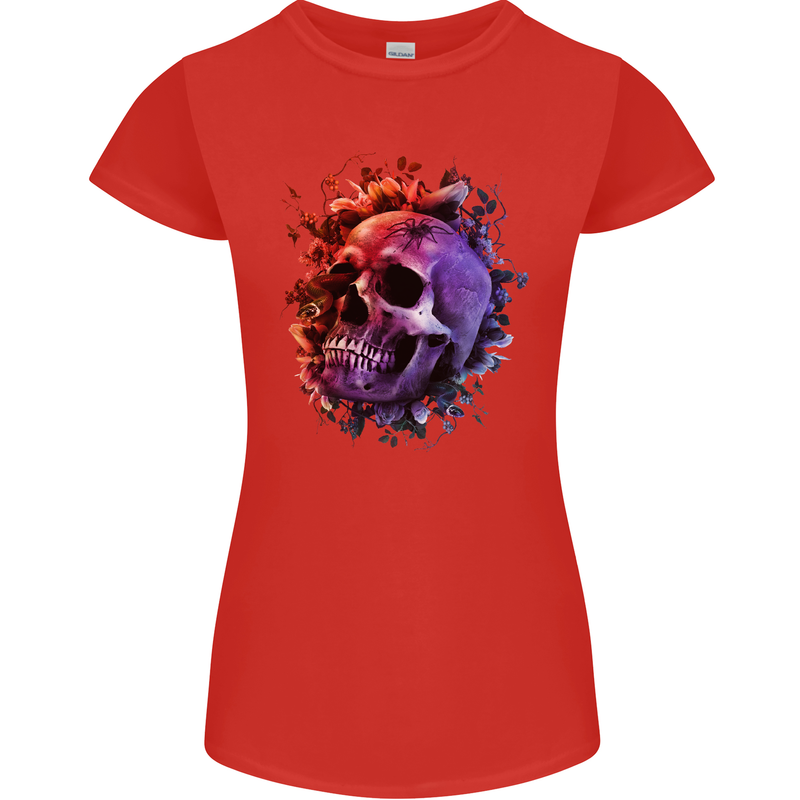 Skull With Spider Flowers and Spider Womens Petite Cut T-Shirt Red