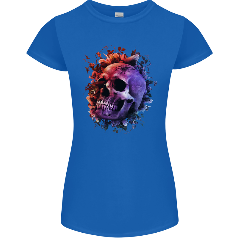 Skull With Spider Flowers and Spider Womens Petite Cut T-Shirt Royal Blue