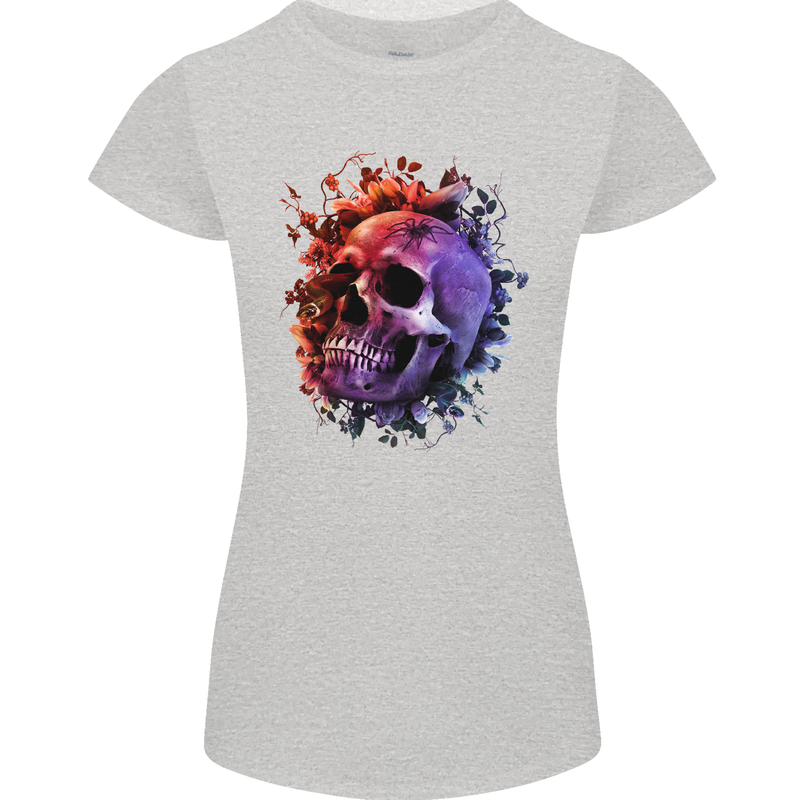 Skull With Spider Flowers and Spider Womens Petite Cut T-Shirt Sports Grey