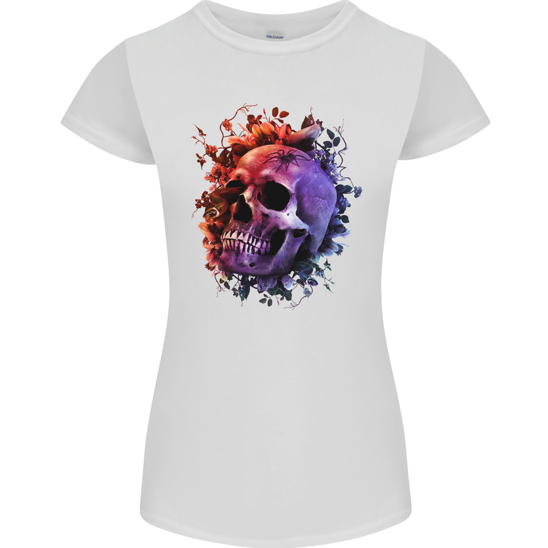 Skull With Spider Flowers and Spider Womens Petite Cut T-Shirt White