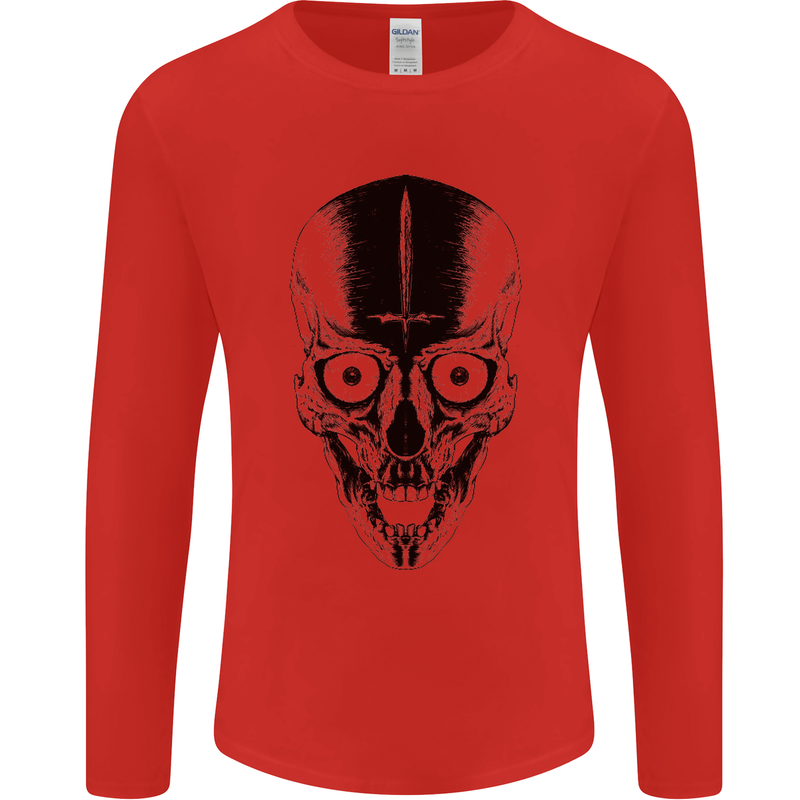 Skull With a Sword Gothic Heavy Metal Rock Mens Long Sleeve T-Shirt Red